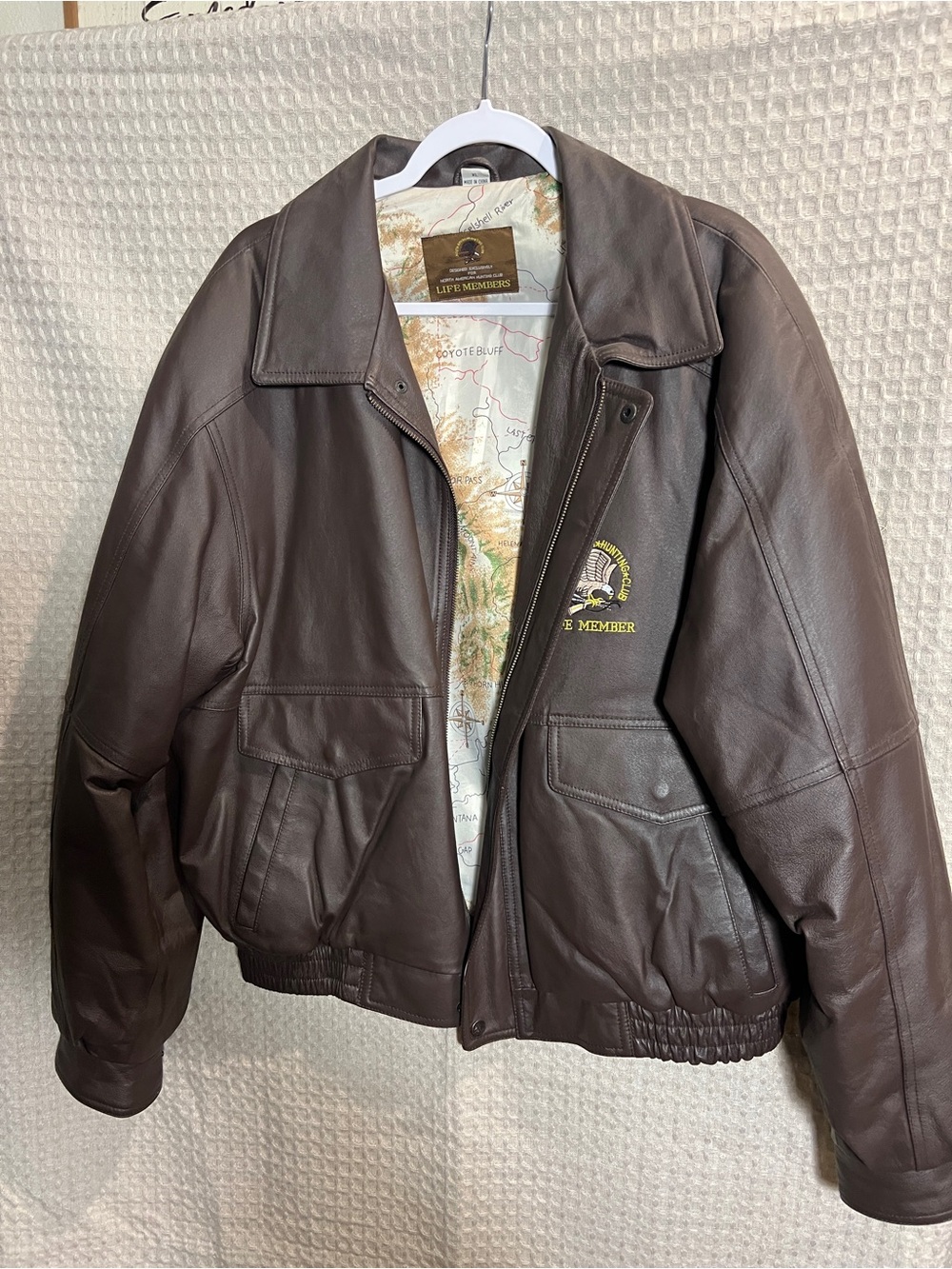 Men's Dark Brown Leather Bomber Jacket with Embroidered Patch